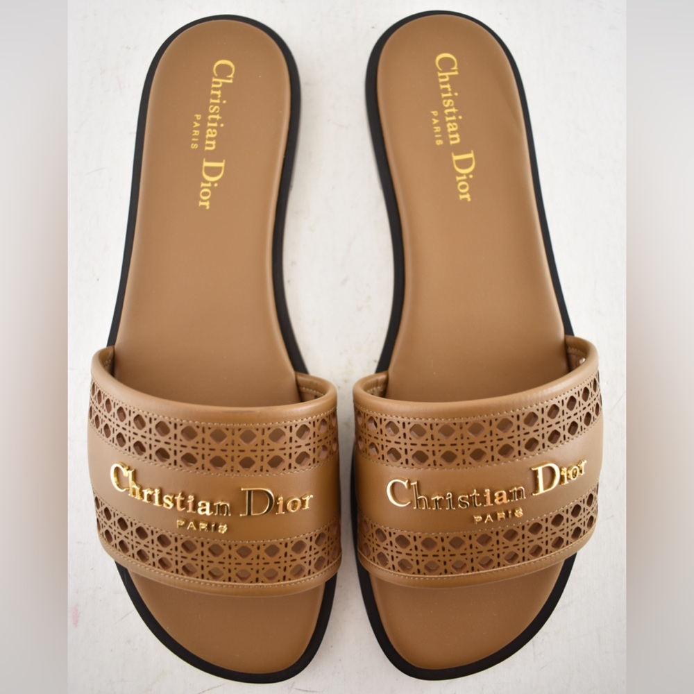 Dior D-Lane Dway Micro Cannage Chestnut Brown Leather Logo Slide Flat Sandal 39 - Picture 12 of 16